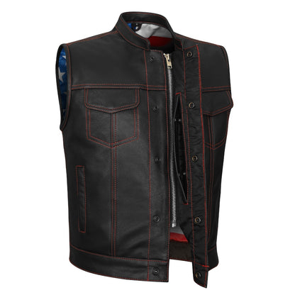 Vance Leather High Mileage Men's Leather Club Vest w/American Flag Liner and Red Stitching
