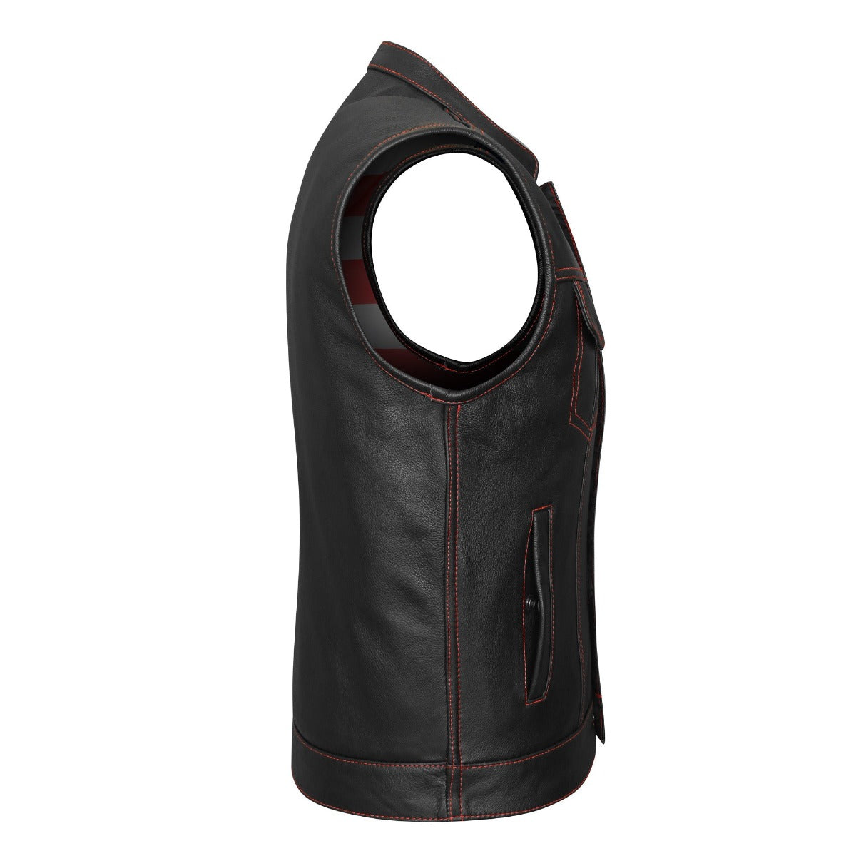 Vance Leather High Mileage Men's Leather Club Vest w/American Flag Liner and Red Stitching