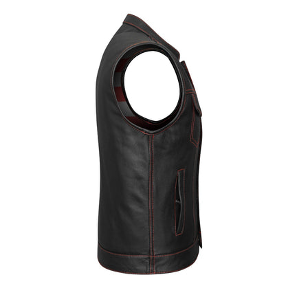 Vance Leather High Mileage Men's Leather Club Vest w/American Flag Liner and Red Stitching