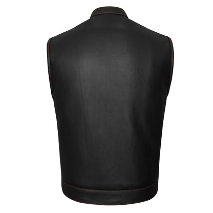 Vance Leather High Mileage Men's Leather Club Vest w/American Flag Liner and Red Stitching