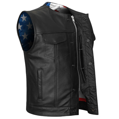 Vance Leather High Mileage Men's Collarless Leather Club Vest w/American Flag Liner
