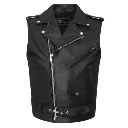 Vance Leather Men's Premium Naked Leather Classic Motorcycle Vest Plain Side & Belted Waist