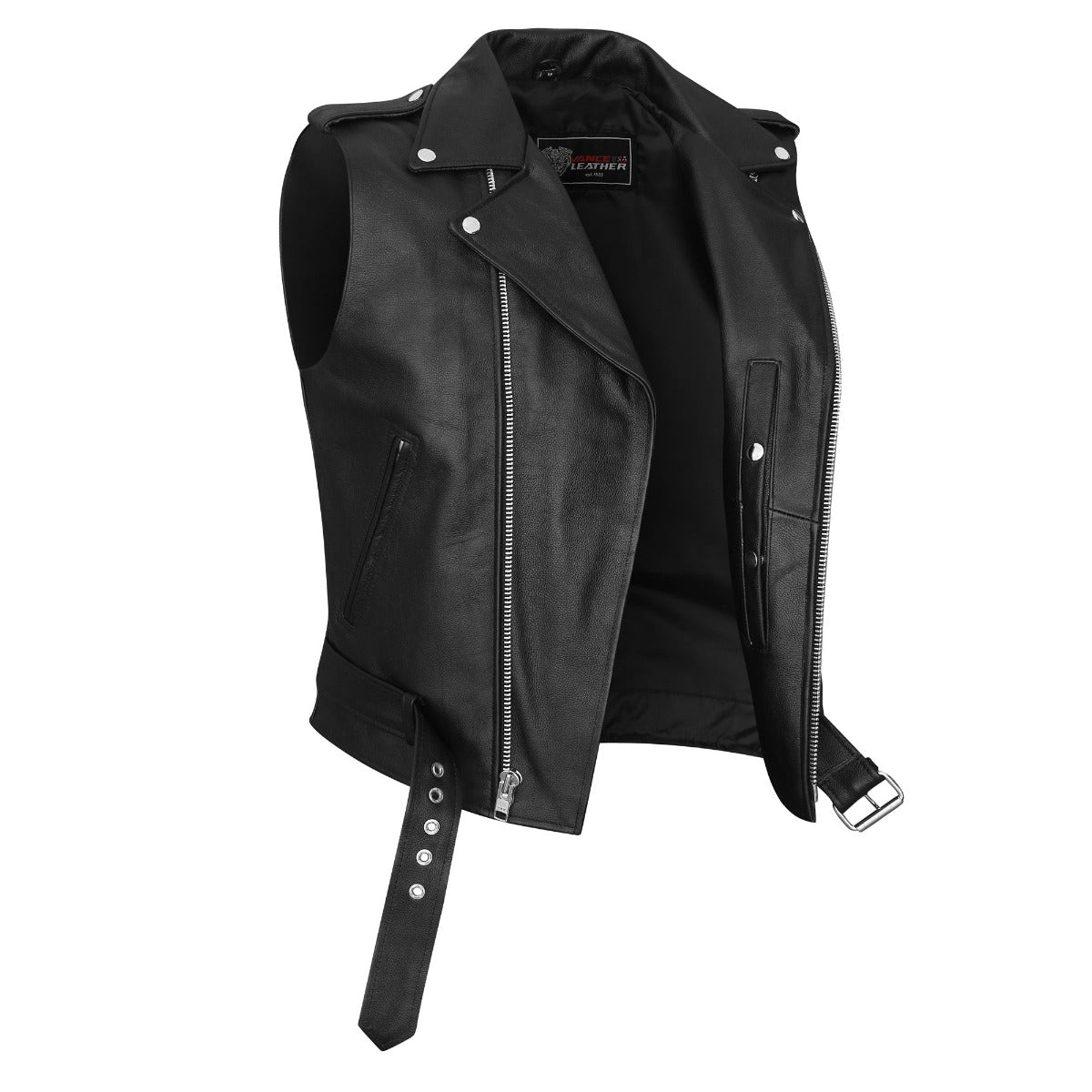 Vance Leather Men's Premium Naked Leather Classic Motorcycle Vest Plain Side & Belted Waist