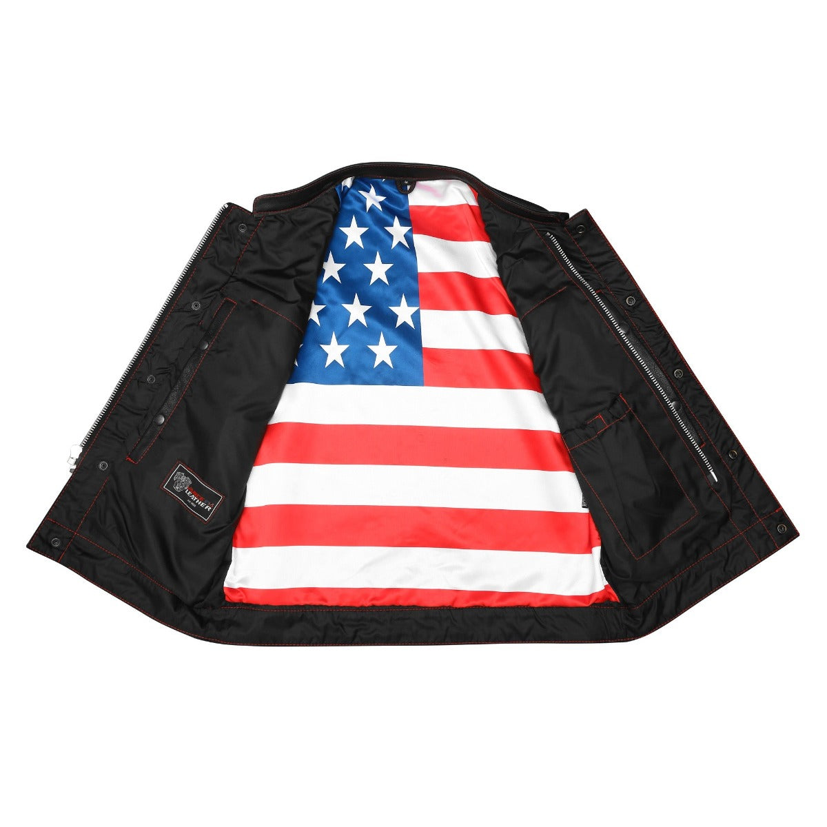 Vance Leather High Mileage Men's Leather Club Vest w/American Flag Liner and Red Stitching