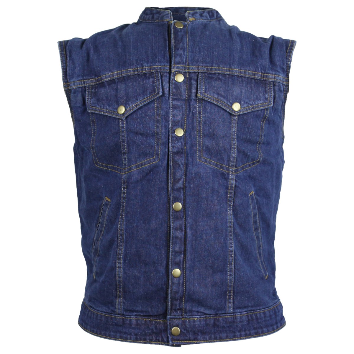Introducing the Vance Leather Men's Denim Patch Holder Vest: a blue denim sleeveless vest featuring six front buttons, two chest pockets with button flaps, and two side pockets. It boasts durable denim construction and a mesh lining for added comfort.