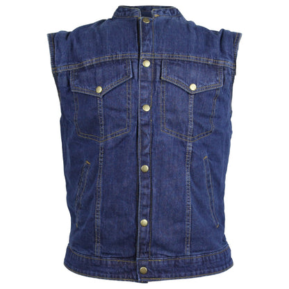 Introducing the Vance Leather Men's Denim Patch Holder Vest: a blue denim sleeveless vest featuring six front buttons, two chest pockets with button flaps, and two side pockets. It boasts durable denim construction and a mesh lining for added comfort.