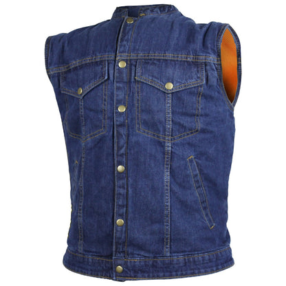 Front view of the Vance Leather Men's Denim Patch Holder Vest showcasing its robust denim construction, metal buttons, and two chest pockets with flaps.
