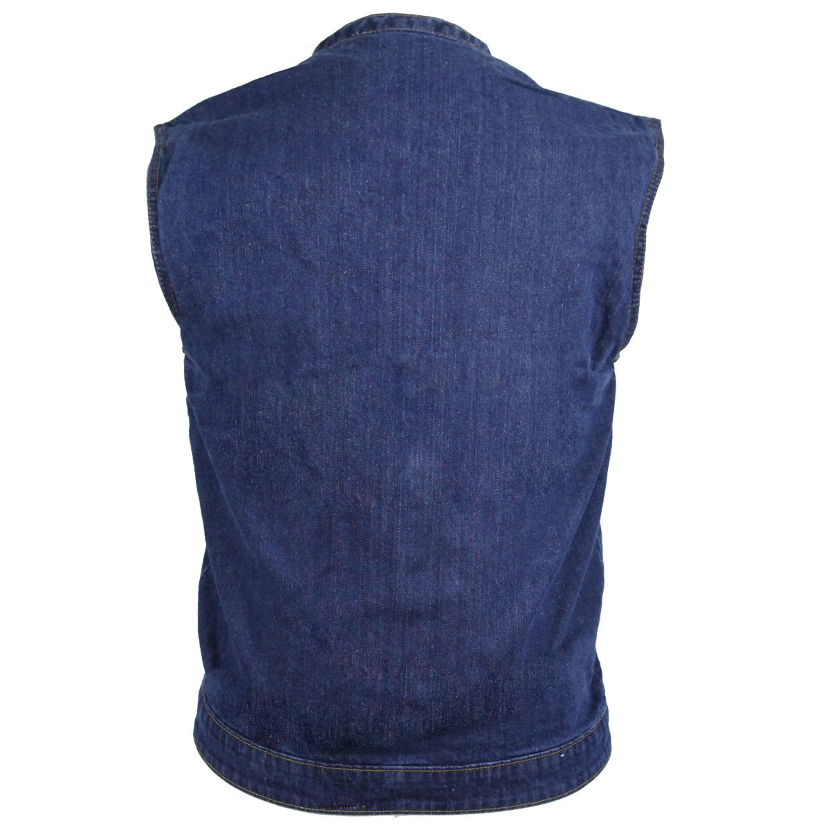 Back view of the Vance Leather Men's Denim Patch Holder Vest with a straight fit, featuring denim construction and no visible embellishments or gun pockets.