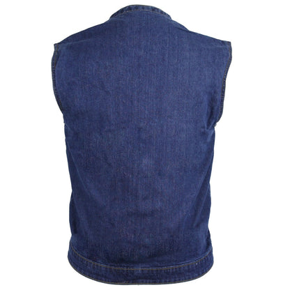 Back view of the Vance Leather Men's Denim Patch Holder Vest with a straight fit, featuring denim construction and no visible embellishments or gun pockets.