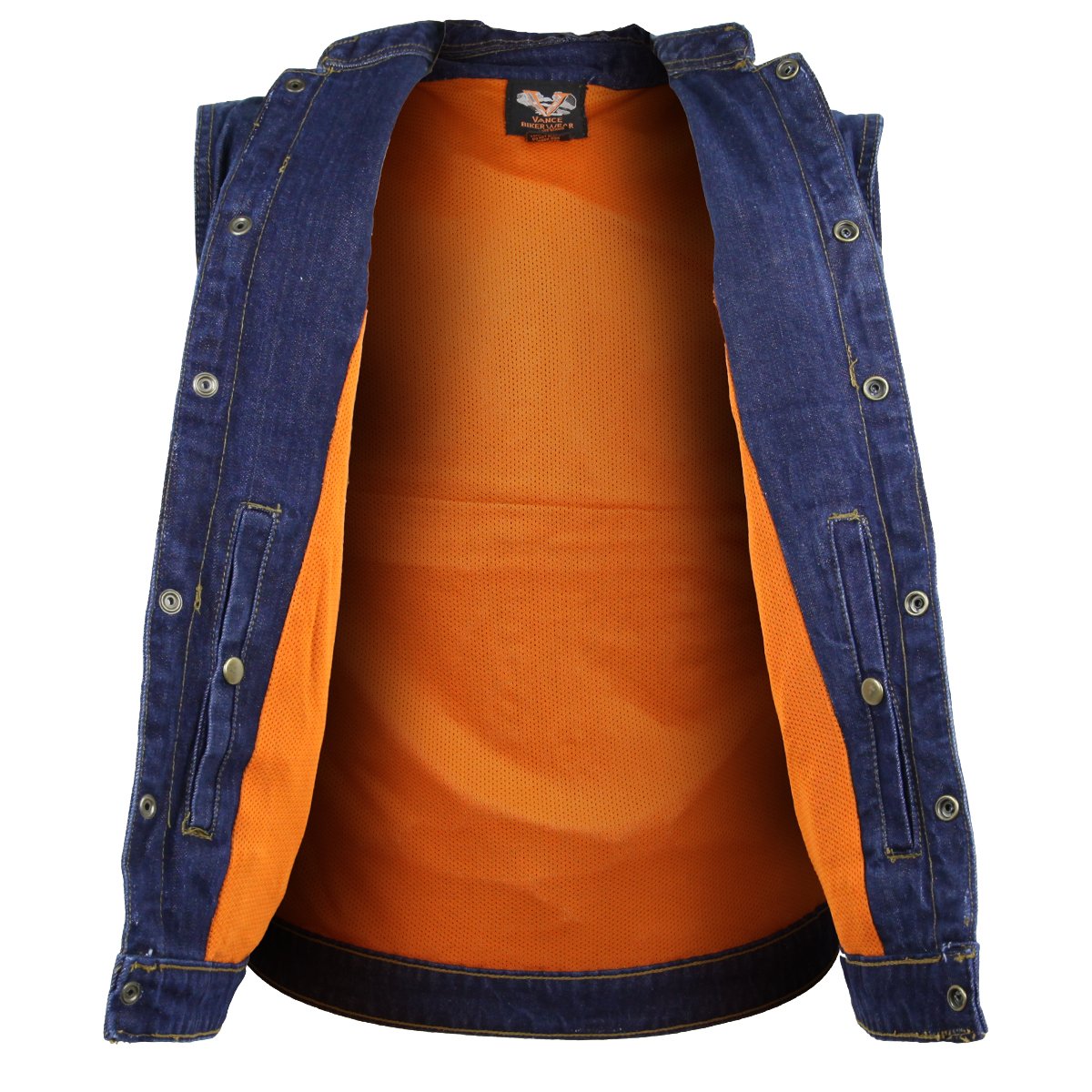Front view of an open Vance Leather Men's Denim Patch Holder Vest with an orange interior lining and denim construction, showcasing buttons, sleeve openings, and discreet gun pockets.