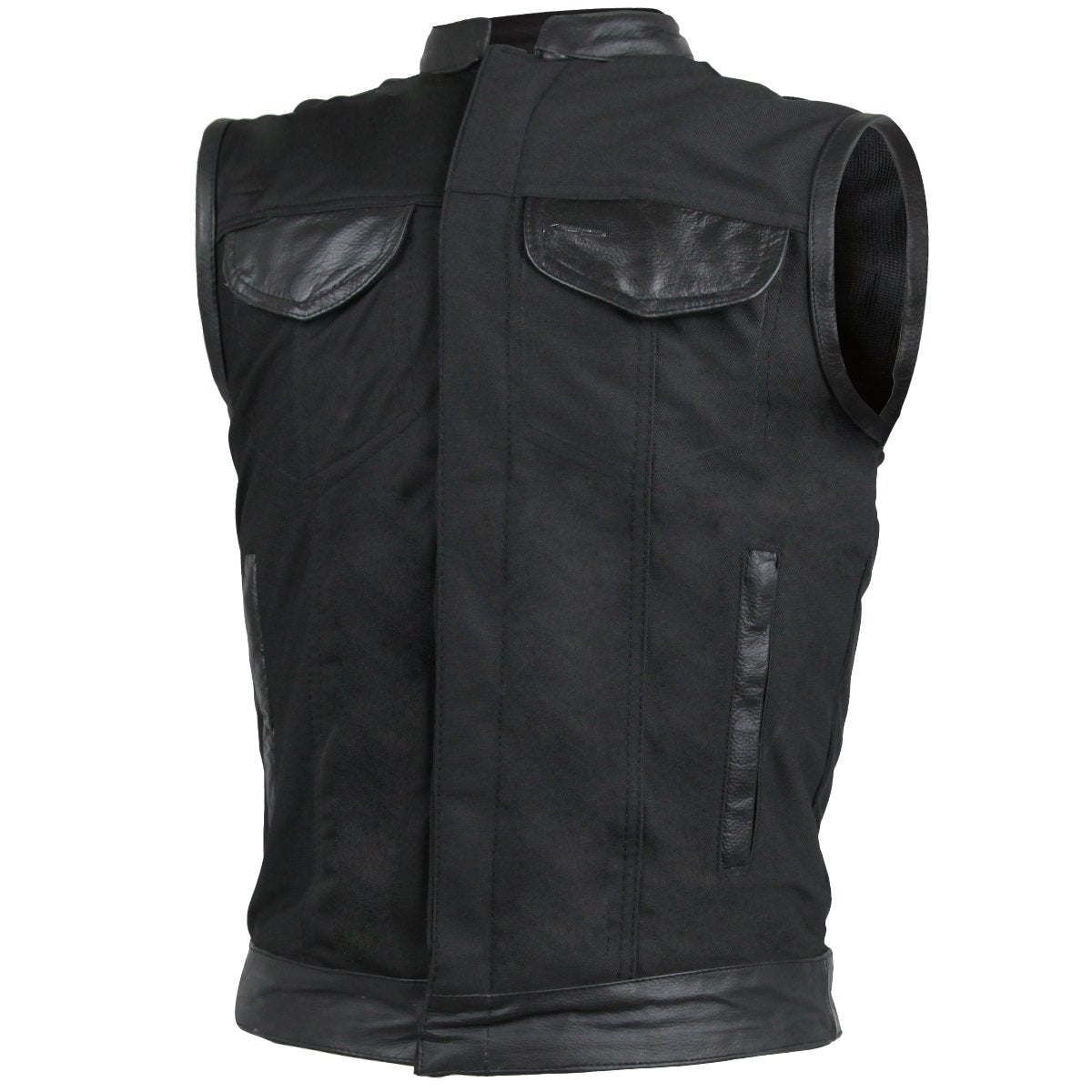 Vance Leather Heavy Duty Textile Club Vest with Leather Accents, Snaps, and Zipper Closure