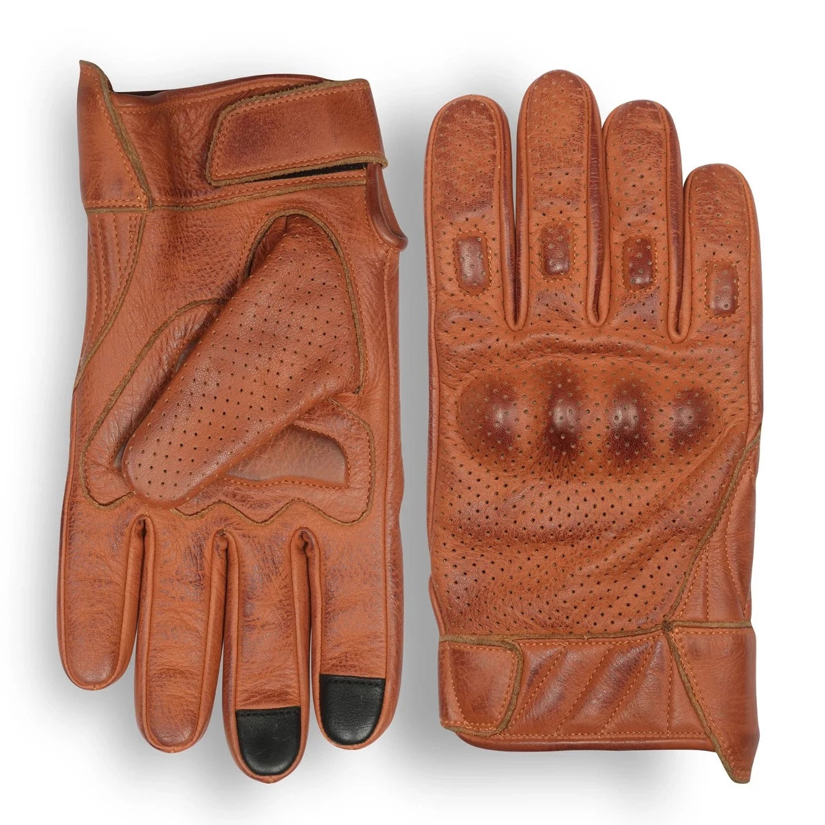 Introducing the Vance Men's Premium Brown Leather Perforated Gloves, featuring perforations for breathability, black touch screen tips on the index and thumb for easy device use, and padded knuckles for extra protection. One glove is displayed palm up while the other is palm down, showcasing their sleek design inspired by classic motorcycle gloves.