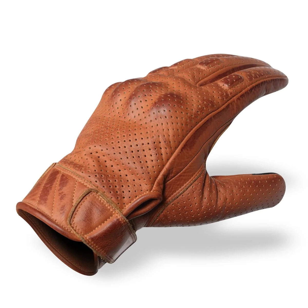 The Vance Men's Premium Brown Leather Perforated Gloves feature a waxed tan finish, reinforced knuckle protection, and a slightly curved finger design.
