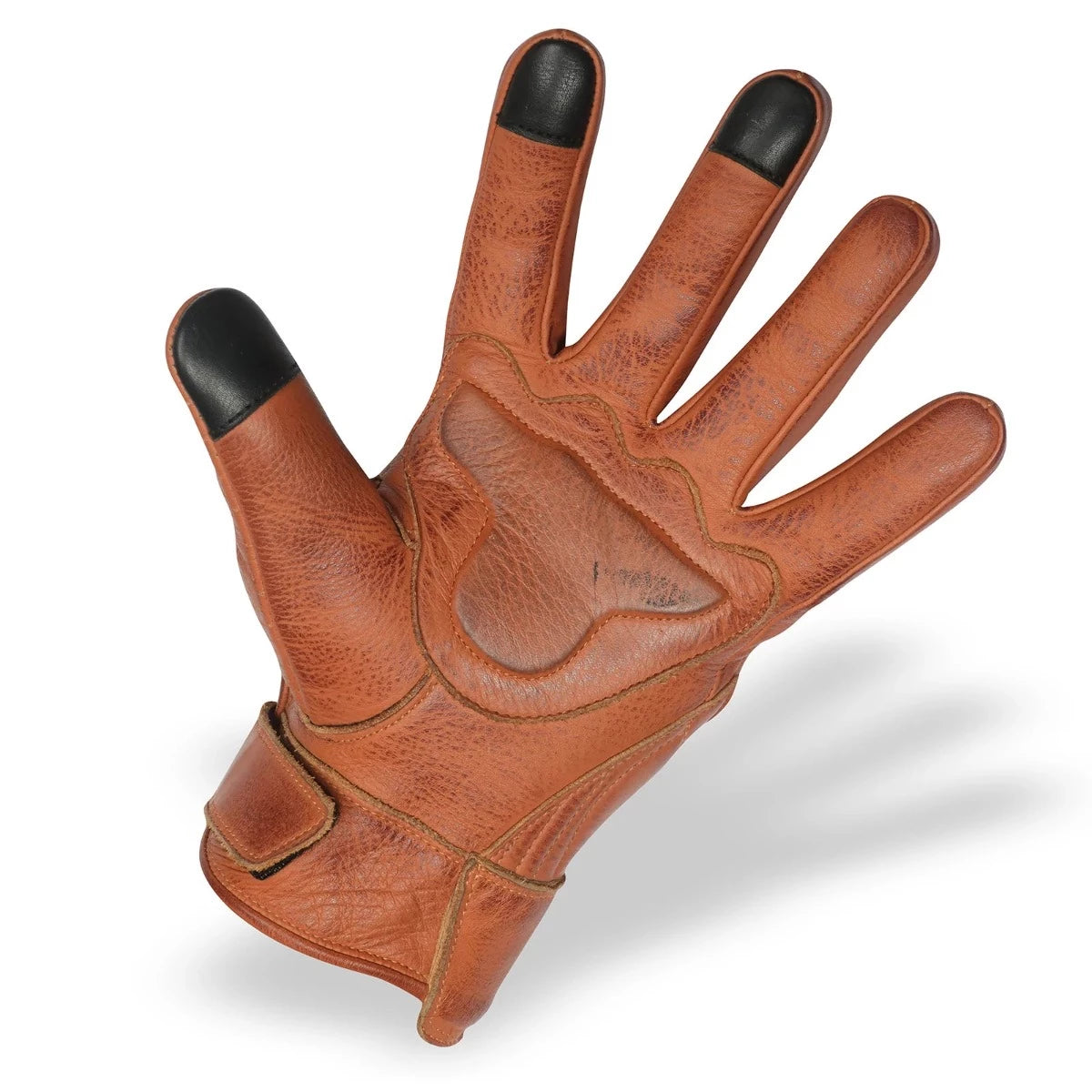 The Vance Men's Premium Brown Leather Perforated Gloves feature a sophisticated design with waxed brown leather, black tips on the thumb, index, and middle fingers, palm patches for enhanced grip, and a secure Velcro strap around the wrist.