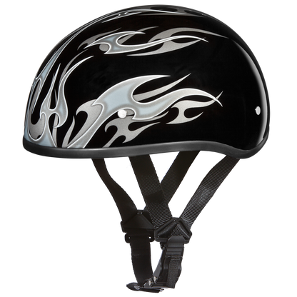 Daytona D.O.T. Motorcycle Skull Cap Half Helmet Black w/ Silver Flames - American Legend Rider
