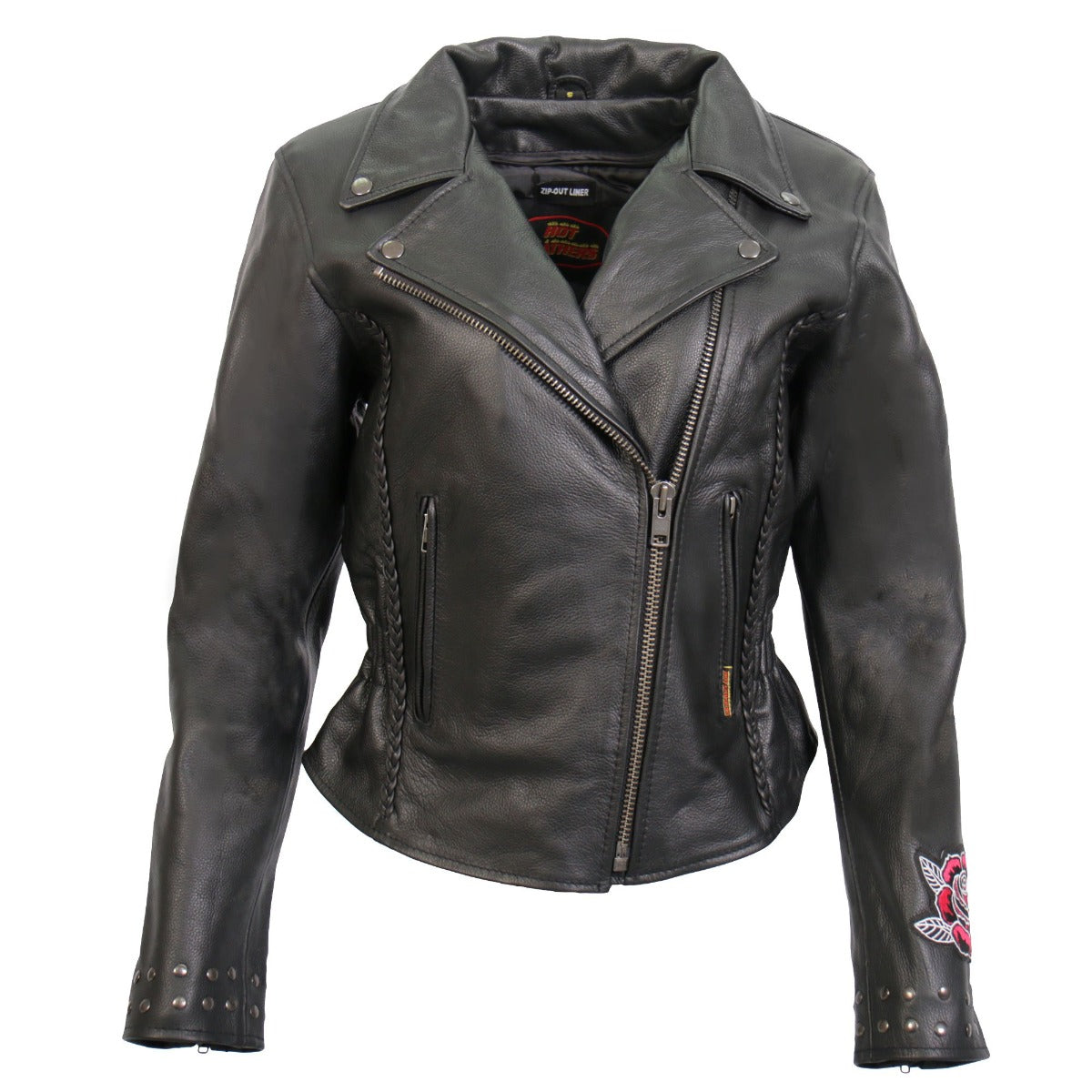 Hot Leathers Women's Braided Motorcycle Leather Jacket With Embroidered Bling Rose Design