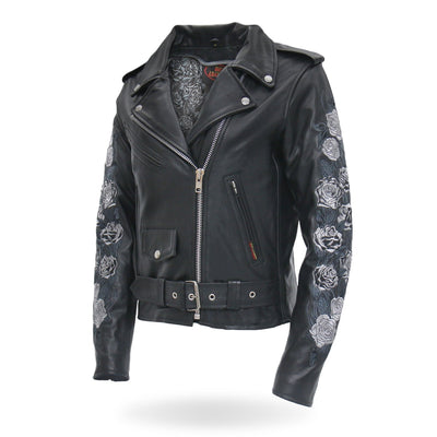 Hot Leathers Women's Motorcycle Style Leather Jacket w/Rose Embroidery Design