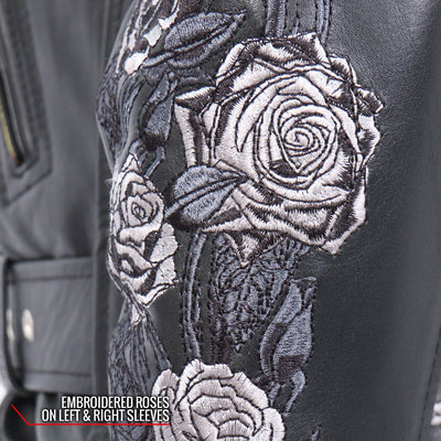 Hot Leathers Women's Motorcycle Style Leather Jacket w/Rose Embroidery Design