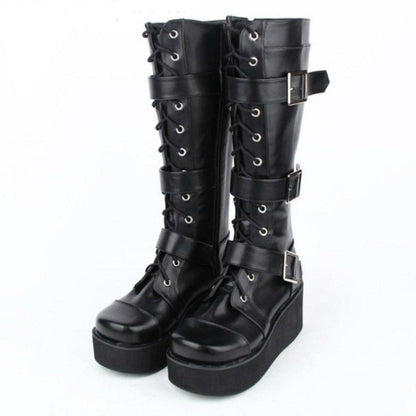 Women's Punk Gothic Buckle Straps Lace-Up Wedge Boots - American Legend Rider