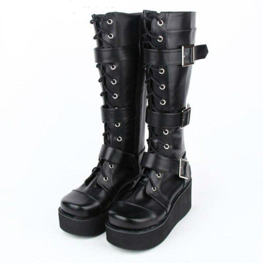 Women's Punk Gothic Buckle Straps Lace-Up Wedge Boots - American Legend Rider