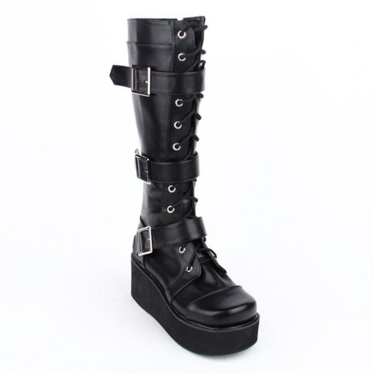 Women's Punk Gothic Buckle Straps Lace-Up Wedge Boots - American Legend Rider