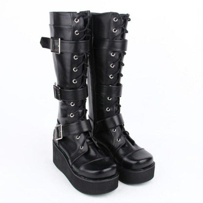 Women's Punk Gothic Buckle Straps Lace-Up Wedge Boots - American Legend Rider