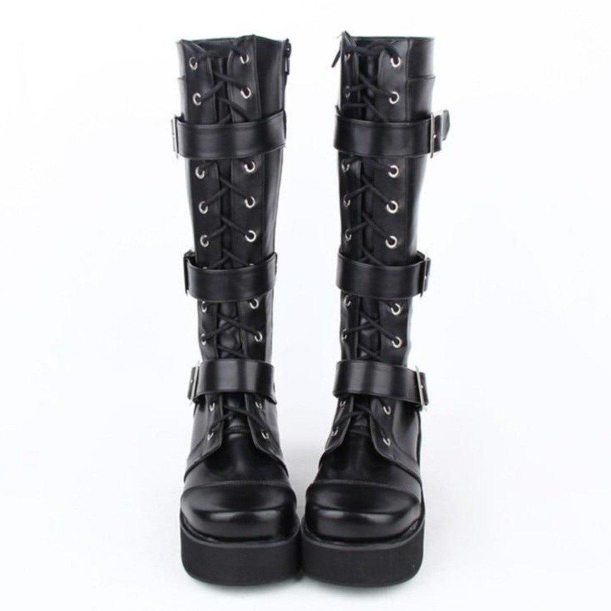 Women's Punk Gothic Buckle Straps Lace-Up Wedge Boots - American Legend Rider