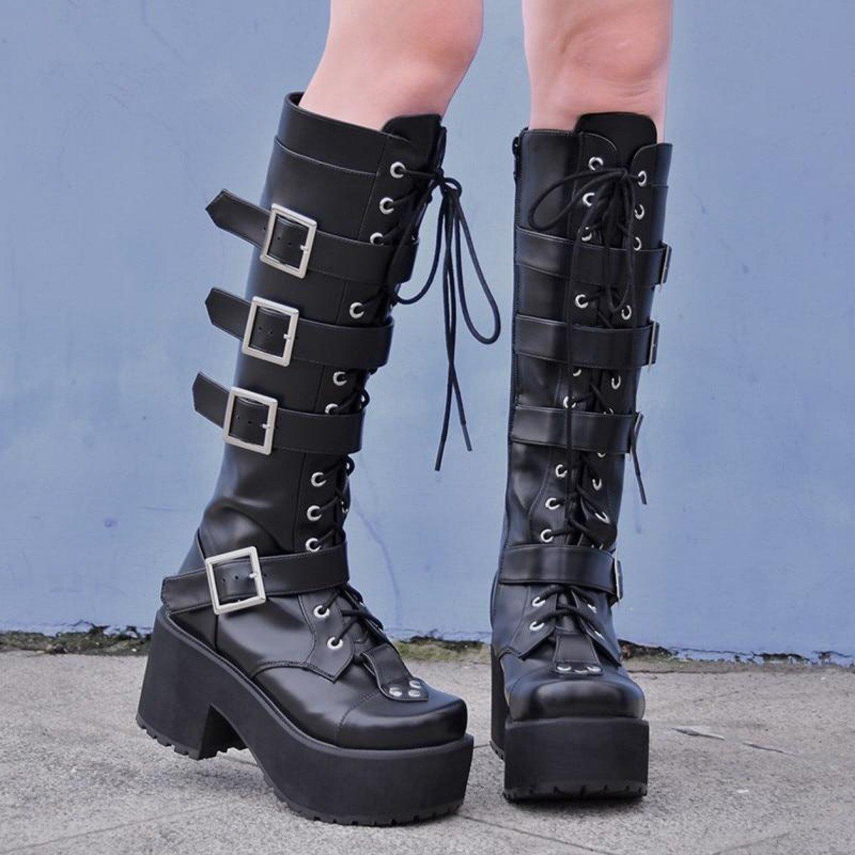 Women's Punk Gothic Buckle Straps Lace-Up High Boots - American Legend Rider