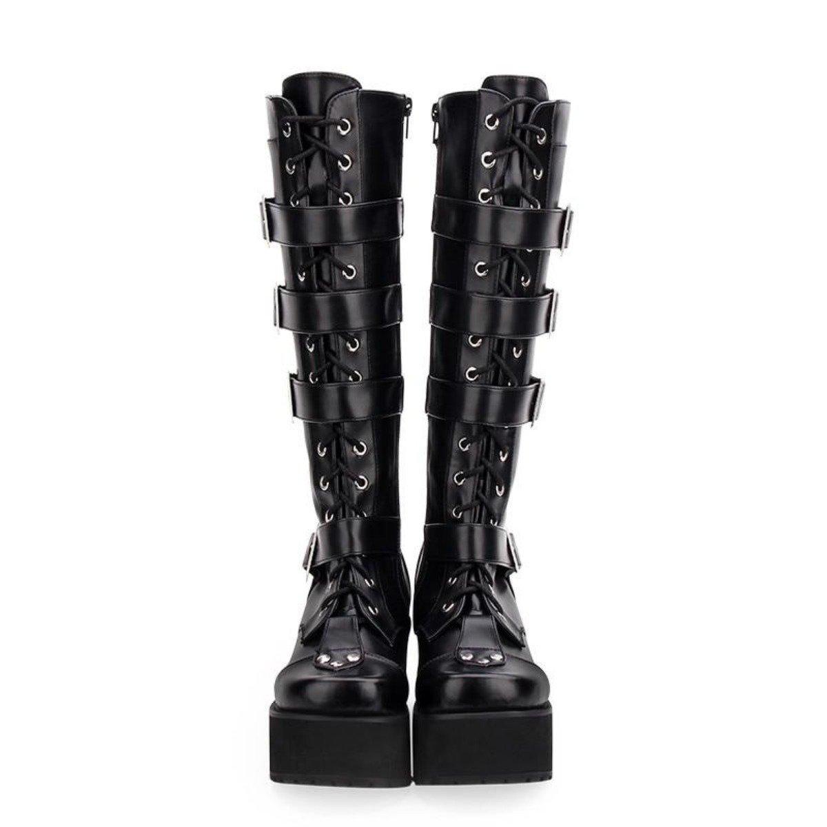 Women's Punk Gothic Buckle Straps Lace-Up High Boots - American Legend Rider