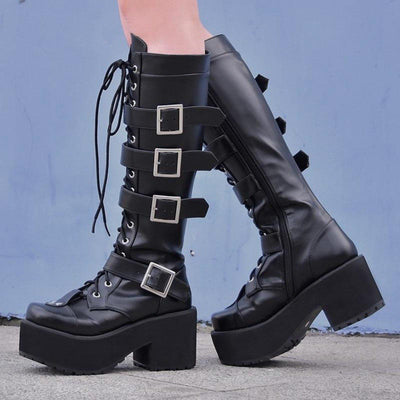 Women's Punk Gothic Buckle Straps Lace-Up High Boots - American Legend Rider
