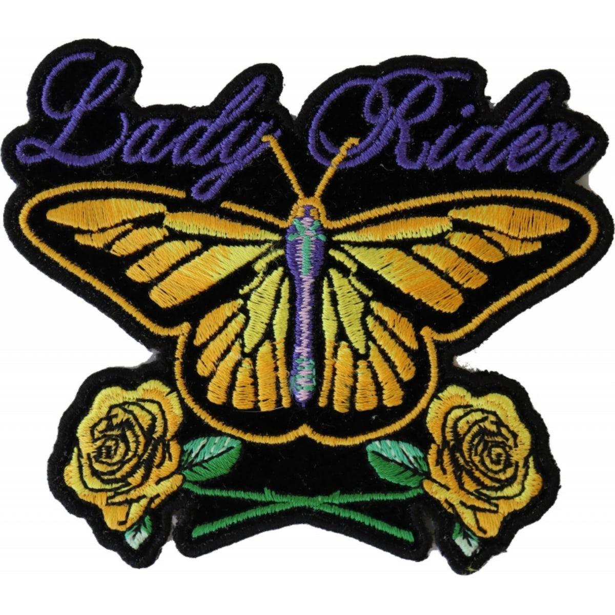 Daniel Smart Lady Rider Butterfly With Yellow Roses Embroidered Iron on Patch, 4 x 4 inches - American Legend Rider