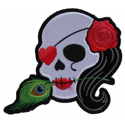 Daniel Smart Lady Sugar Skull With Pink Rose and Feather Embroidered Patch, 3.7 x 4.25 inches - American Legend Rider