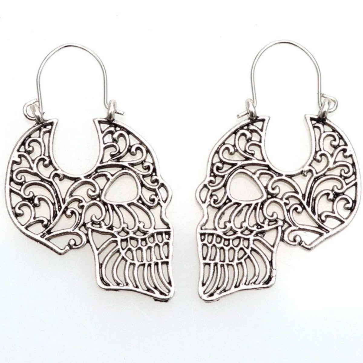 Metal Hollow Sugar Skull Hoop Earrings, 1.1 x 1.7 in, Silver Color