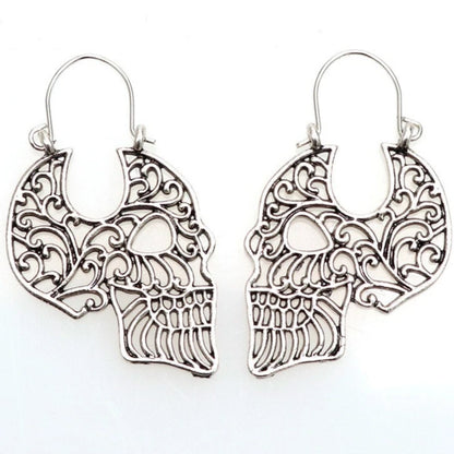 Metal Hollow Sugar Skull Hoop Earrings, 1.1 x 1.7 in, Silver Color