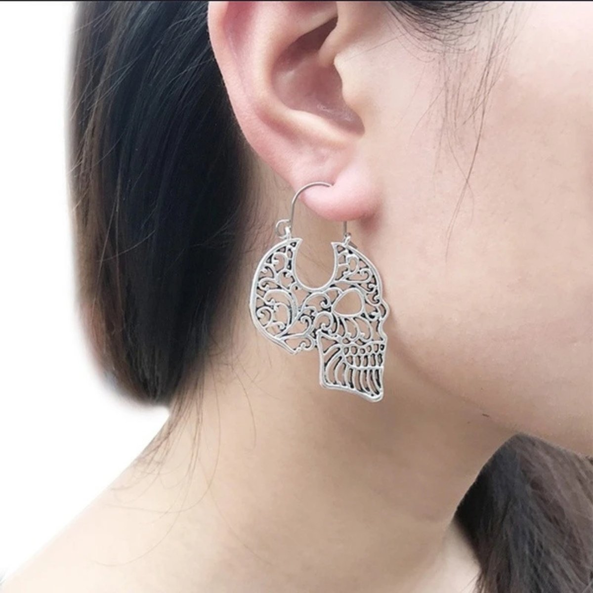 Metal Hollow Sugar Skull Hoop Earrings, 1.1 x 1.7 in, Silver Color