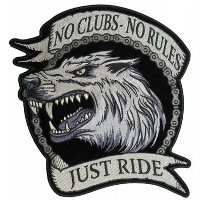 Daniel Smart No Clubs No Rules Just Ride Wolf Embroidered Iron on Biker Back Patch, 10 x 8.9 inches - American Legend Rider