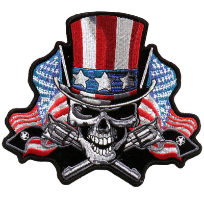 Ride Hot Leathers Angrier Uncle Sam Patch 5" X 5" - A skull in a hat with crossed guns, perfect for iron-on application.