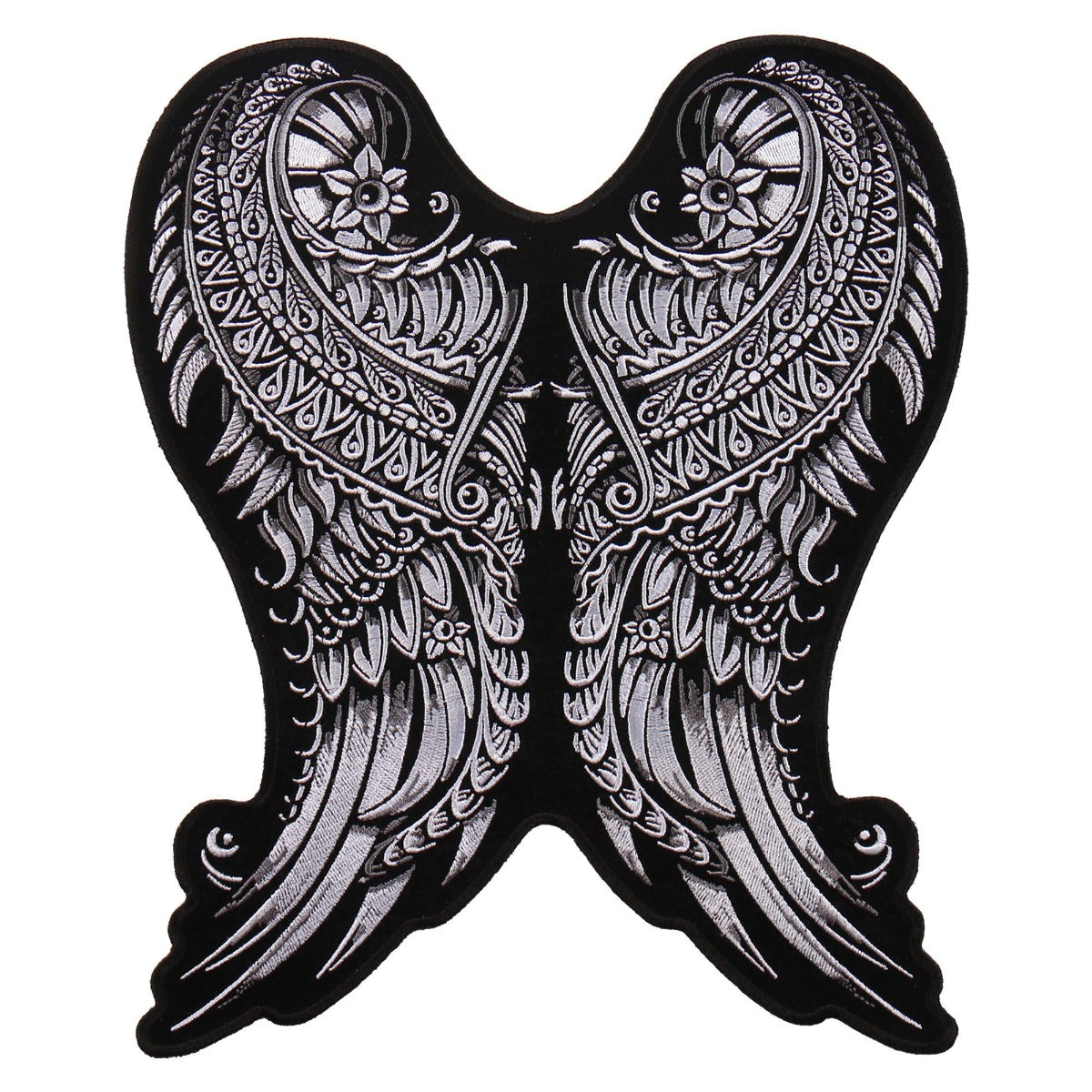 A Hot Leathers Patch Ornate Angel Wings 9" iron-on patch on a white background, perfect for clothing.