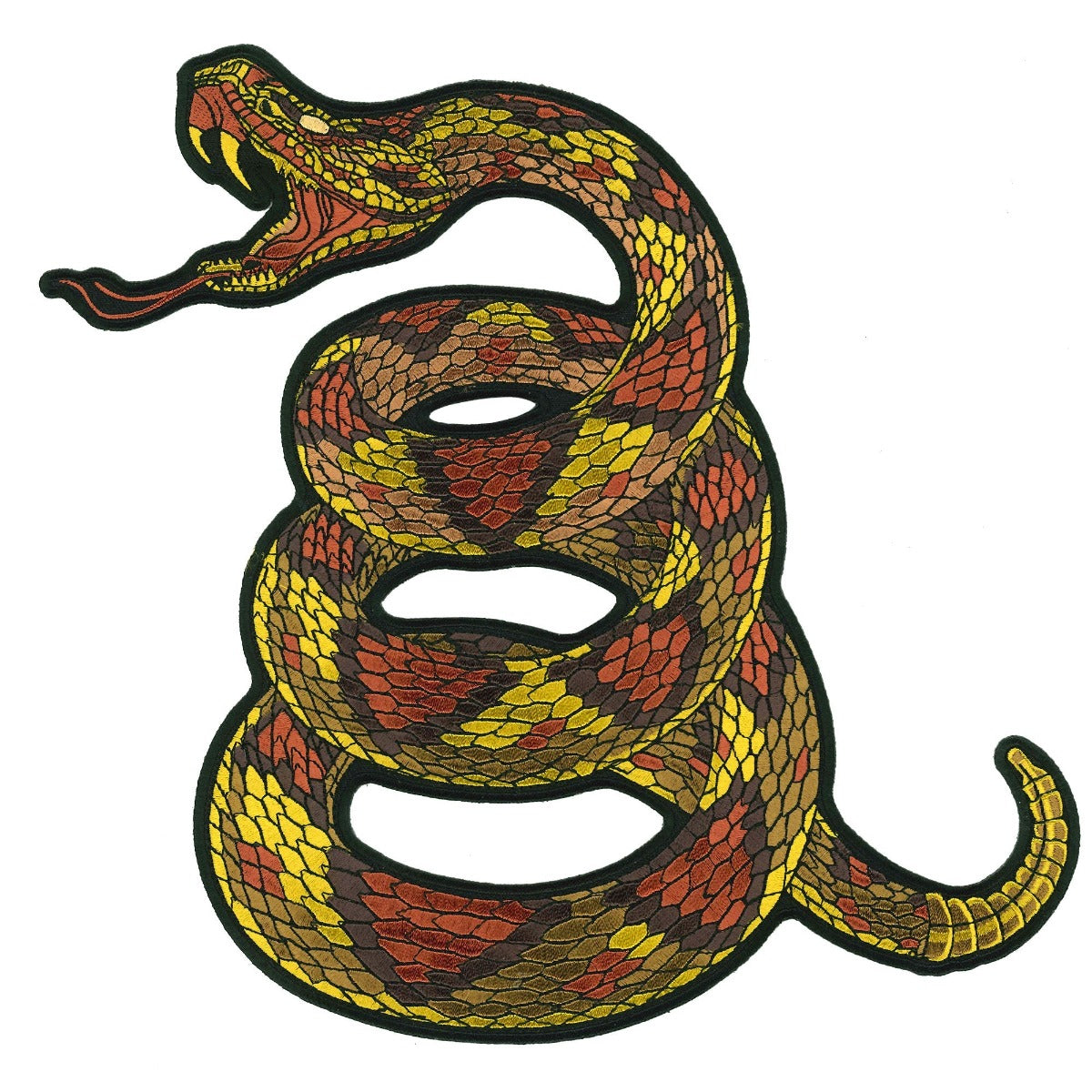 The Hot Leathers 9" Don't Tread Snake Patch features a coiled snake with an open mouth in a menacing stance. The snake's scales are intricately patterned in yellow, brown, and red, making it perfect for vibrant iron-on applications or sewing onto leather garments.