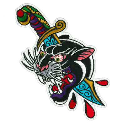 An image of a Hot Leathers 8" Panther Knife Tattoo Patch with patches on its clothing.