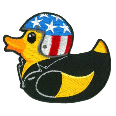 A Hot Leathers 3" Rubber Duckie Leather Jacket Patch with patches on its clothing.