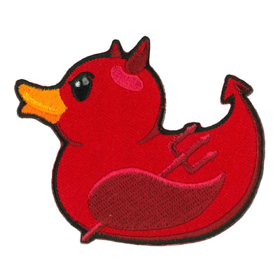 A red duck with the Hot Leathers 3" Rubber Duck Devil Patch wearing clothing and patches sewn on.