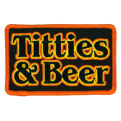 A clothing patch sewn with the Hot Leathers 4" Titt*es and Beer Patch on it.