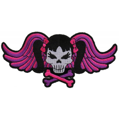 Daniel Smart Pigtails Bow Skull and Wings Embroidered Iron On Patch, 5 x 2.5 inches - American Legend Rider