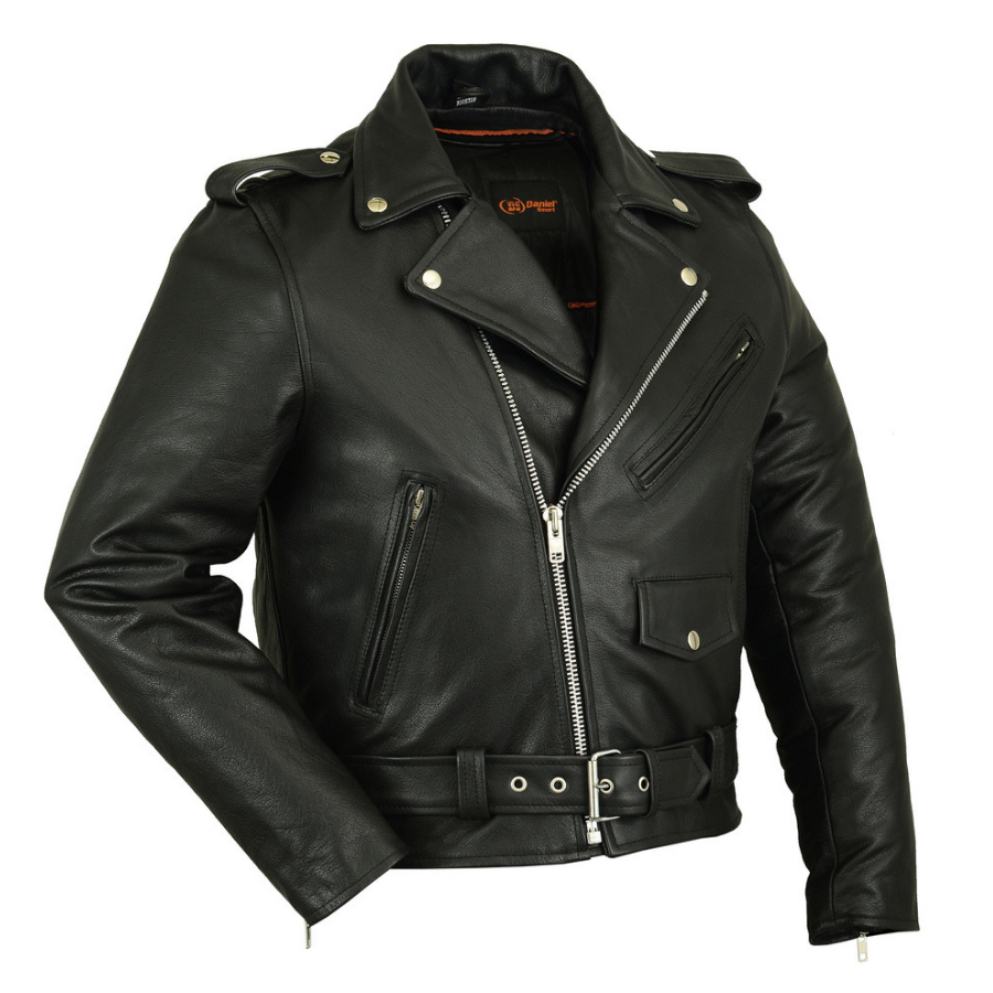 Daniel Smart Premium Classic Plain Side Police Style Motorcycle Leather Jacket, Black - American Legend Rider