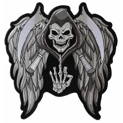 Daniel Smart Reaper Wings Scythe Middle Finger Embroidered Iron On Patch, 11.6 x 12 inch - American Legend Rider