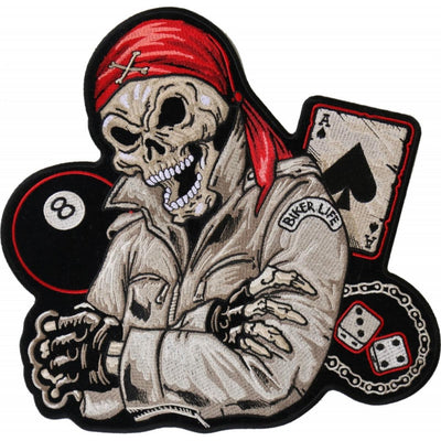 Daniel Smart Red Bandana Skull 8 Ball Ace of Spades Embroidered Iron On Biker Patch, 12 x 12 inches - American Legend Rider