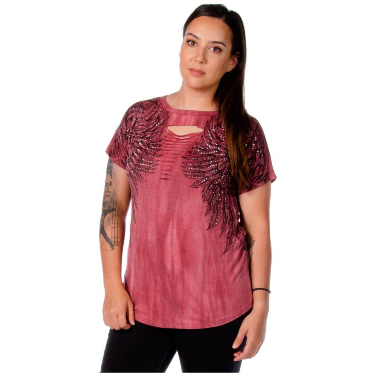 Daniel Smart Women's Rise Above T-Shirt, Wash Burgundy - American Legend Rider