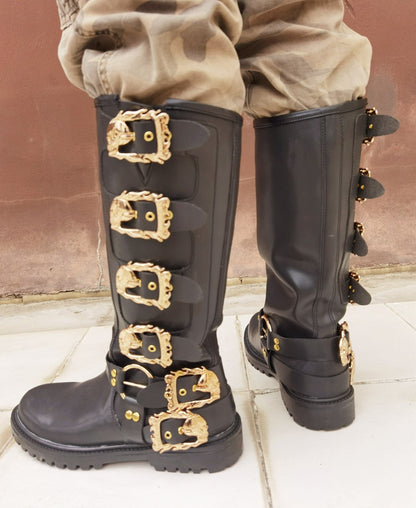 Men's Calf High Motorcycle Riding Boots with Skull Buckles