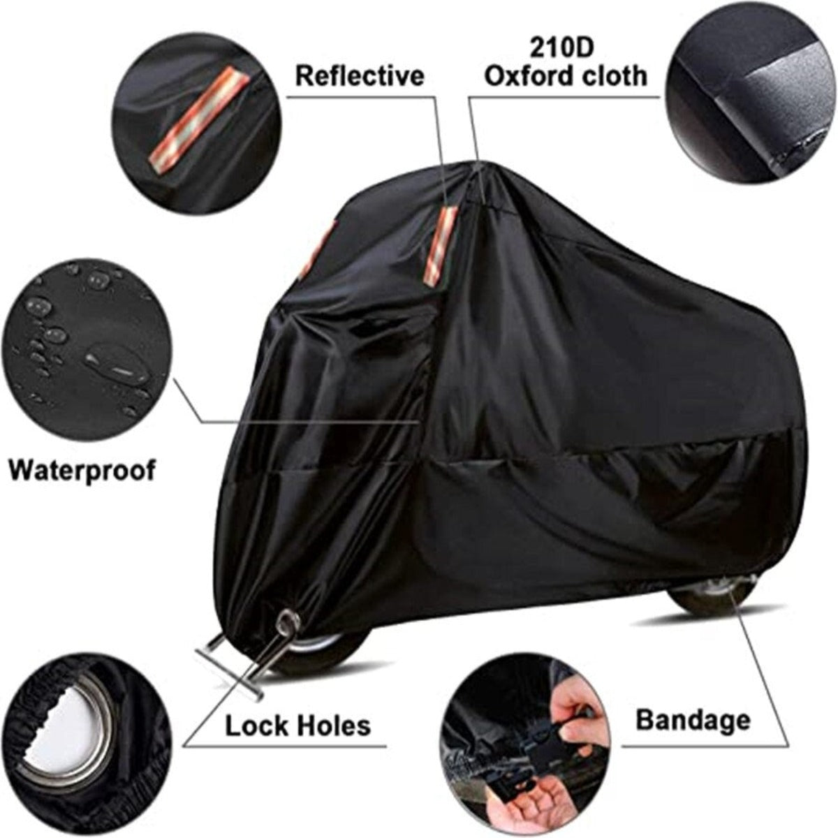 Reflective all weather motorcycle cover protecting a bike outdoors